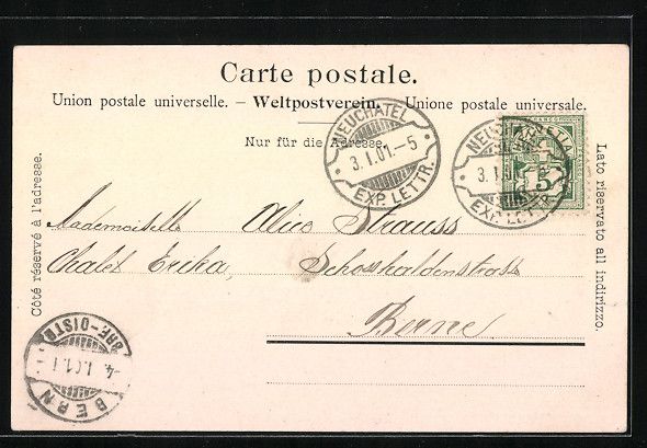 Cartoline postali: AK Neuchatel, Hotel des Postes, 1901 – Usato da Berlin venduto da bartko-reher 1