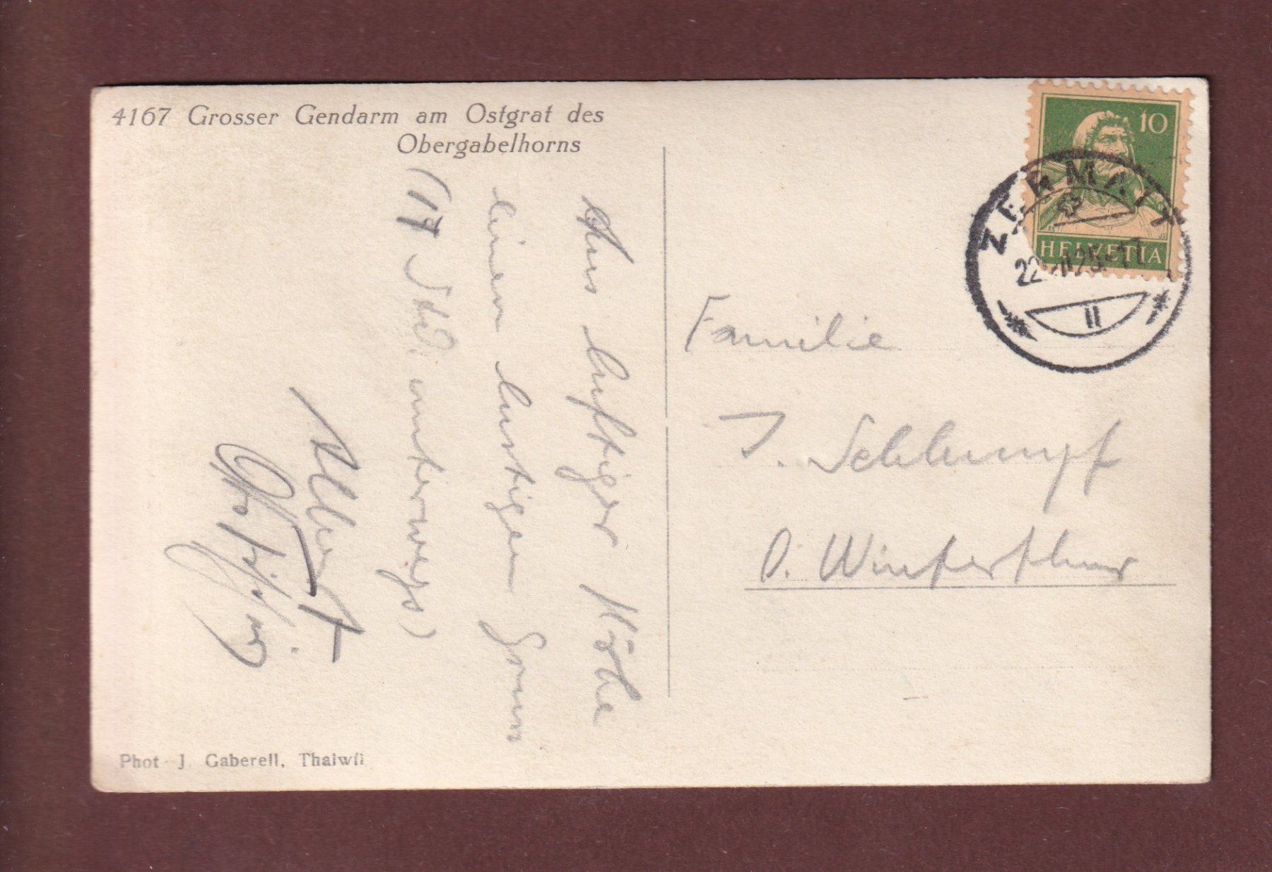 Cartoline postali: OBERGABELHORN - Grosser Gendarm - 1925 – Usato da Pully venduto da nicecards-shop 1