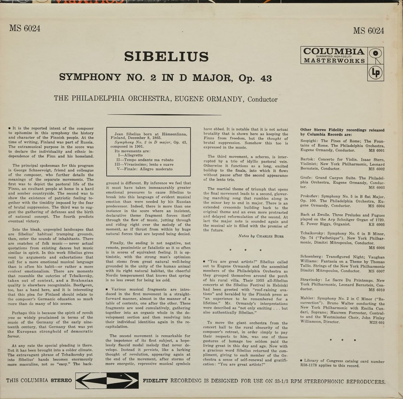 Schallplatten: Columbia MS 6024 / Sibelius Symphony No. 2 – Gebraucht aus Brunnen von Techfreak1 1