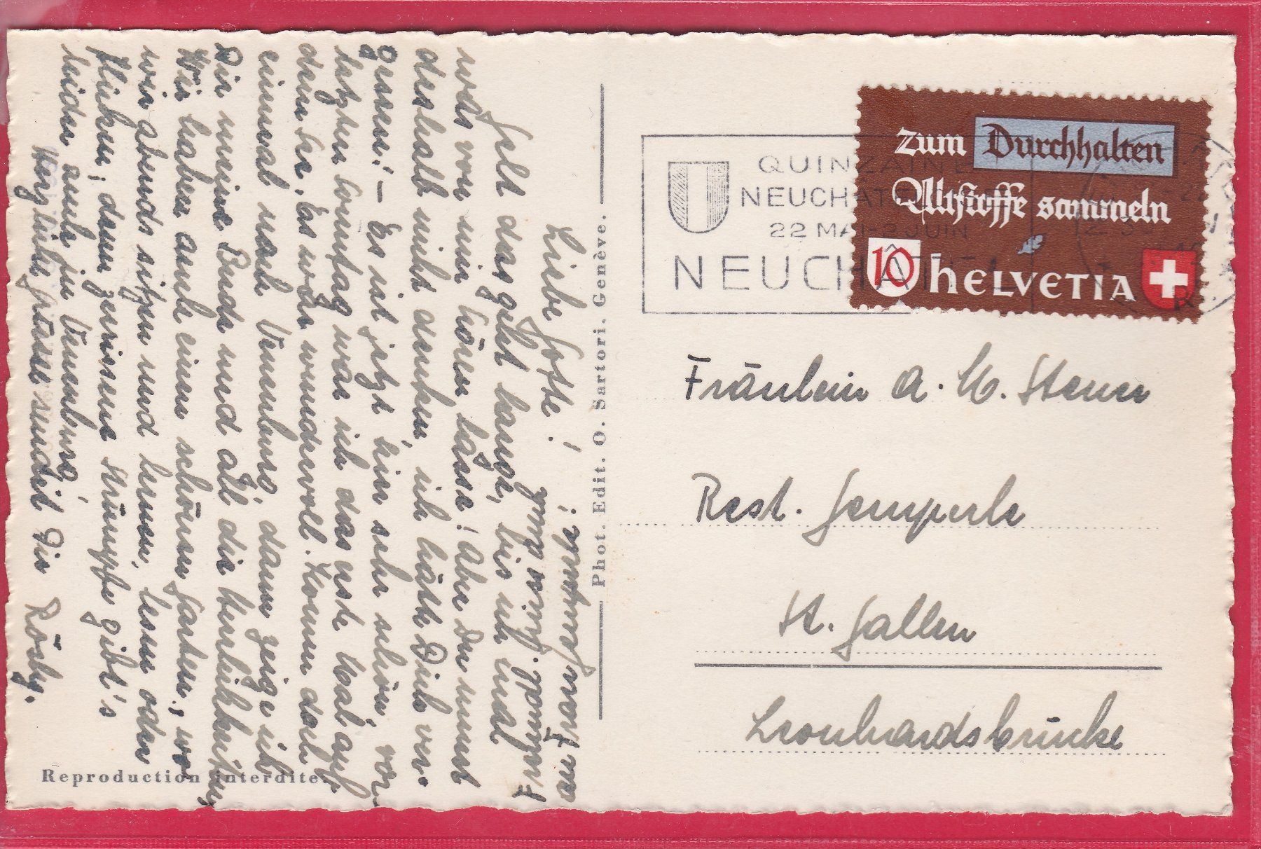 Cartoline postali: NEUCHATEL, 1942 – Usato da Oberrieden venduto da Gebirgsstelze 1