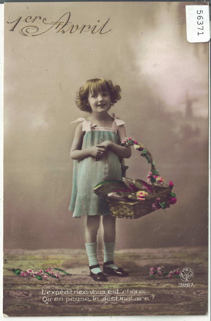 Cartoline postali: 1. April - Mädchen mit Fischkorb - coloriert – Usato da Ettingen venduto da Kartenplanet