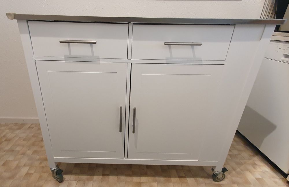 Kücheninsel Mit Rollen Weiß - Ausziehbarer Tisch Mit Abfalleimer & Schubladen