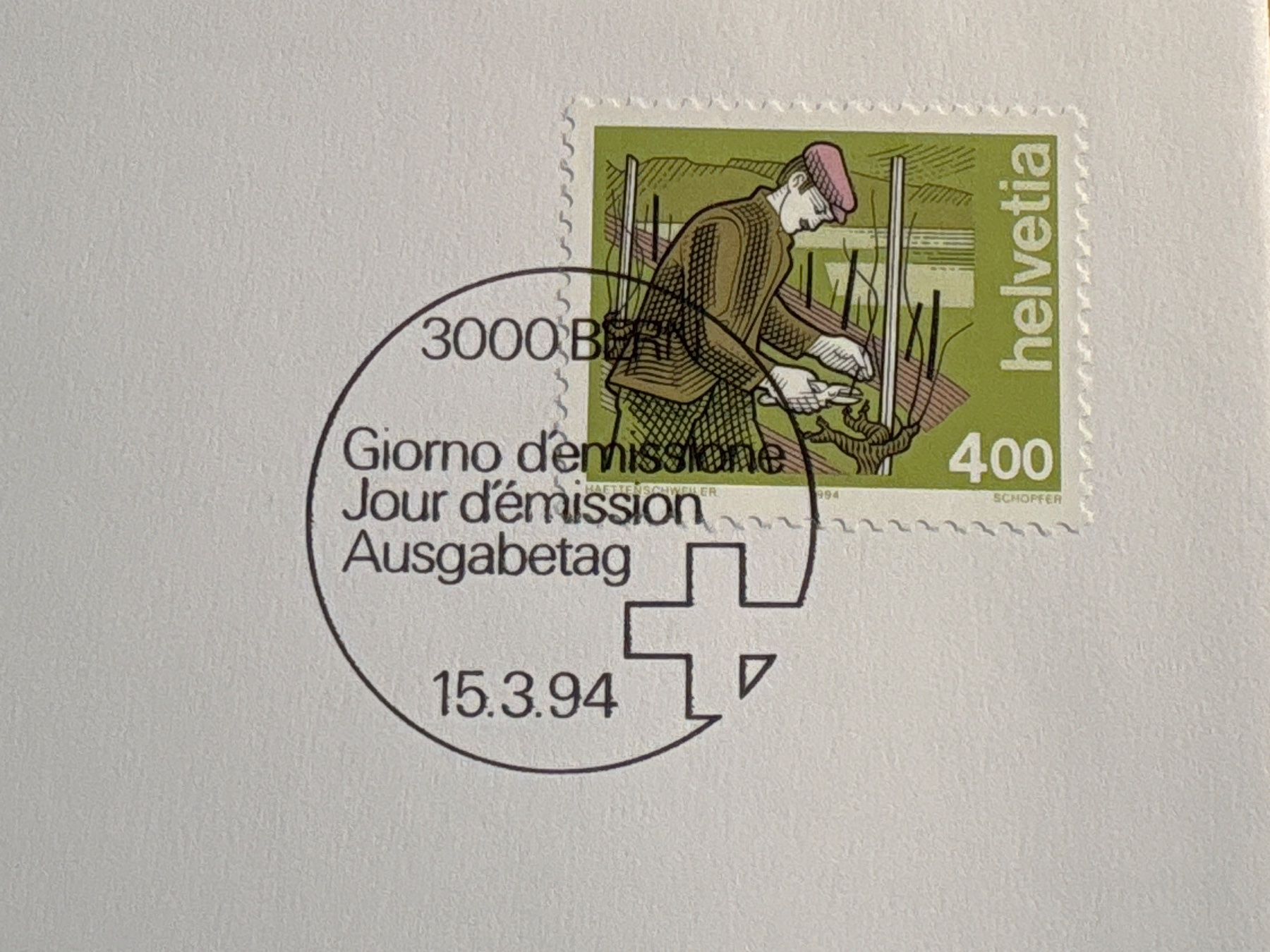 Tutti i francobolli: Ersttagsbrief Dauermarken 1994 Schweiz Berufe Weinrebe – Usato da Ibach venduto da lisch3 1