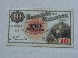 Schwedische 10 Kronen Banknote von 1938 - Selten!