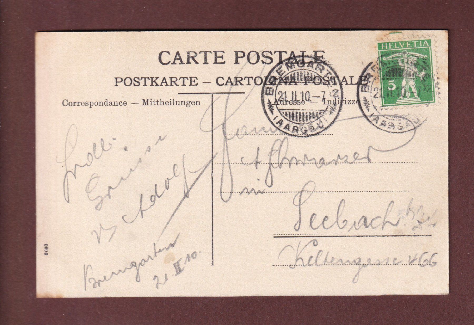 Cartoline postali: BREMGARTEN - Einsiedelei Emaus - 1910 – Usato da Pully venduto da nicecards-shop 1