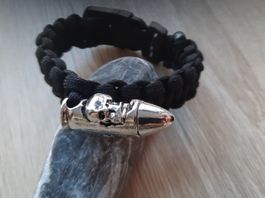 Paracord Armband L Schwarz mit Patrone Totenkopf Handmade