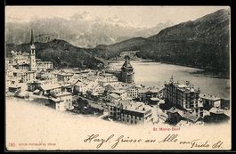 AK St. Moritz-Dorf, Ortsansicht mit See und Bergen