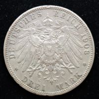 DR Preussen Kaiser Wilhelm II 3 Mark 1908, Silber