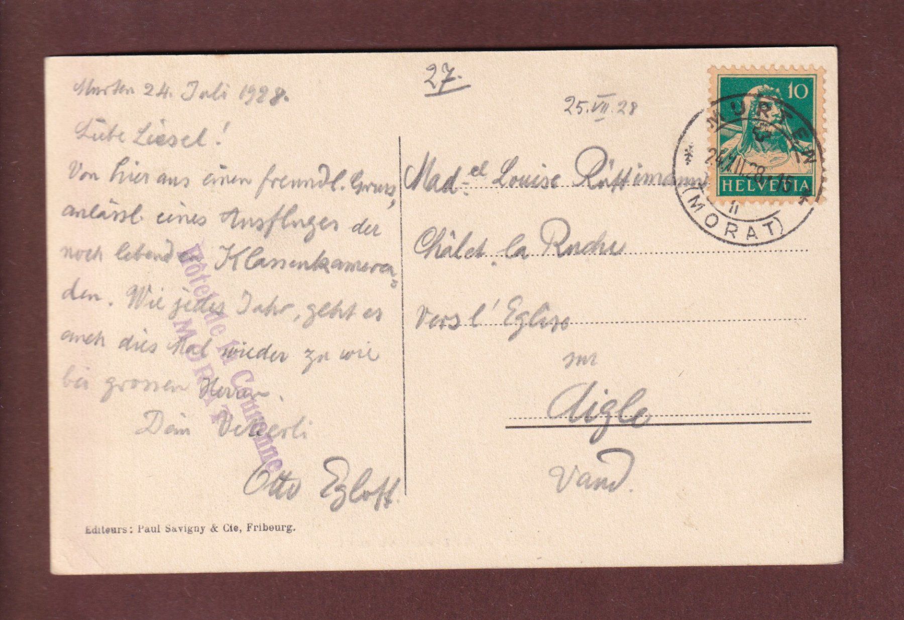 Cartoline postali: MORAT - Le Château vu du Lac - 1928 – Usato da Pully venduto da nicecards 1