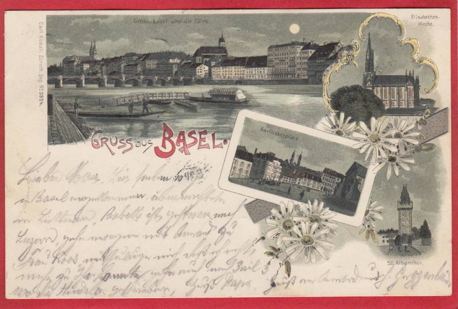 Cartoline postali: BASEL KÜNZLI LITHO, MONDSCHEIN-LITHO 1899 – Usato da Grüningen venduto da Kartenlaube