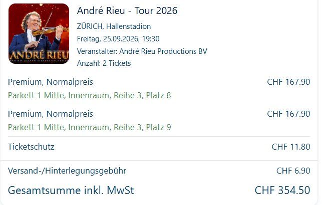Biglietti: André Rieu 2x Ticket Premium Plätze – Nuovo (secondo la descrizione) da Tagelswangen venduto da funghi10 1