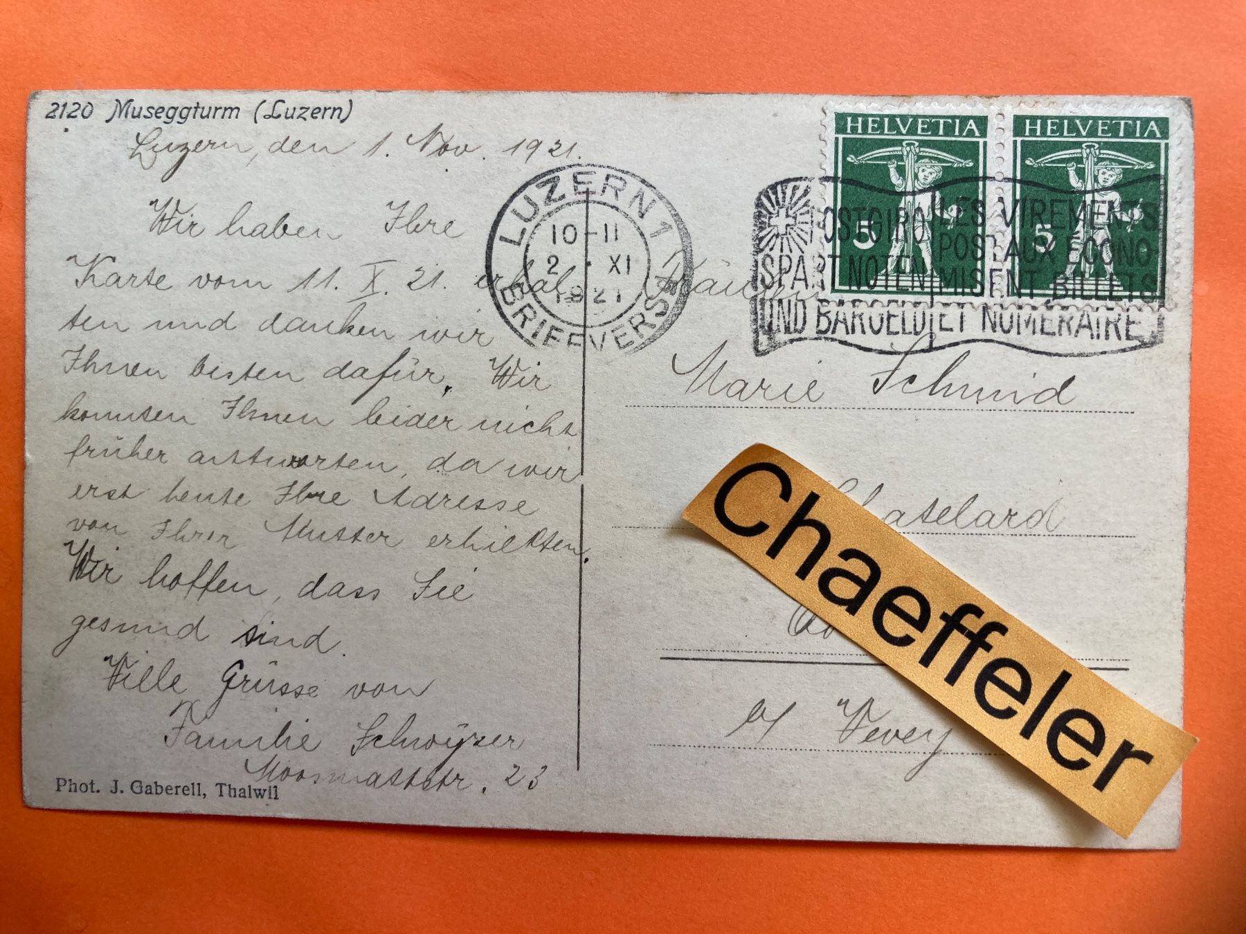 Cartoline postali: 1921 Museggturm (Luzern) – Usato da Zürich venduto da Chaeffeler 1