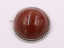 Silber Brosche Antik Viktorianisch - Grosser Roter Edelstein