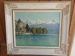 GEMÄLDE SCHLOSS OBERHOFEN THUNERSEE EIGER MÖNCH JUNGFRAU SIG
