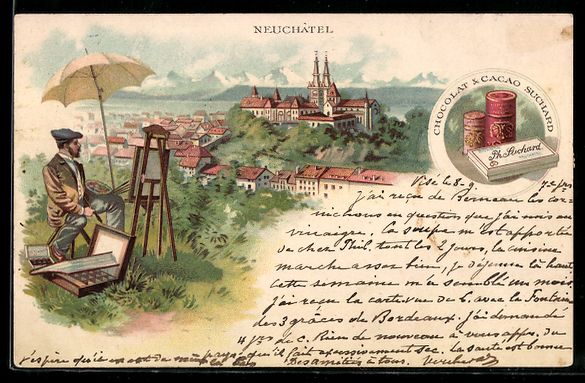 Cartoline postali: Litho Neuchatel, Panorama, Reklame Choco – Usato da Berlin venduto da bartko-reher