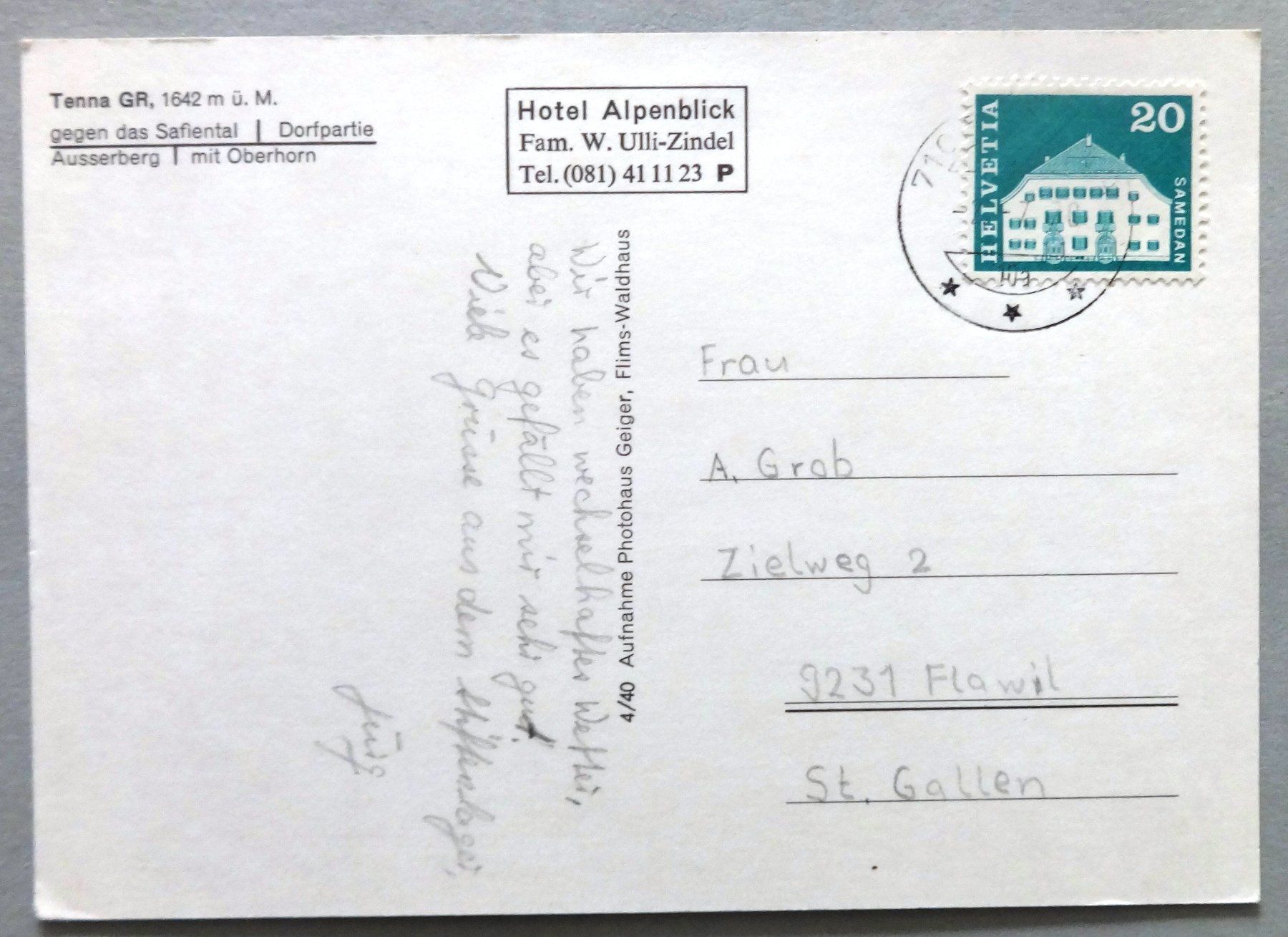 Cartoline postali: Tenna GR, 1642 m ü.M. – Usato da Fétigny venduto da Billy2miny 1