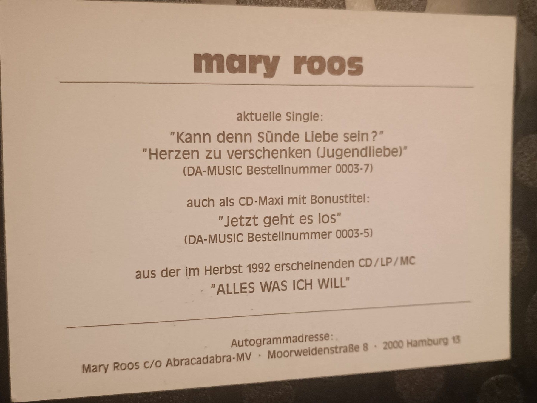 Autographes: Mary Roos - signierte Autogrammkarte – D'occasion à Menziken par Artographs 1