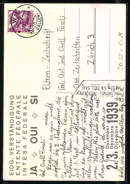 Cartes postales: Schweiz, Eidg. Verständigung 1939, Ja!  – D'occasion à Berlin par bartko-reher 1