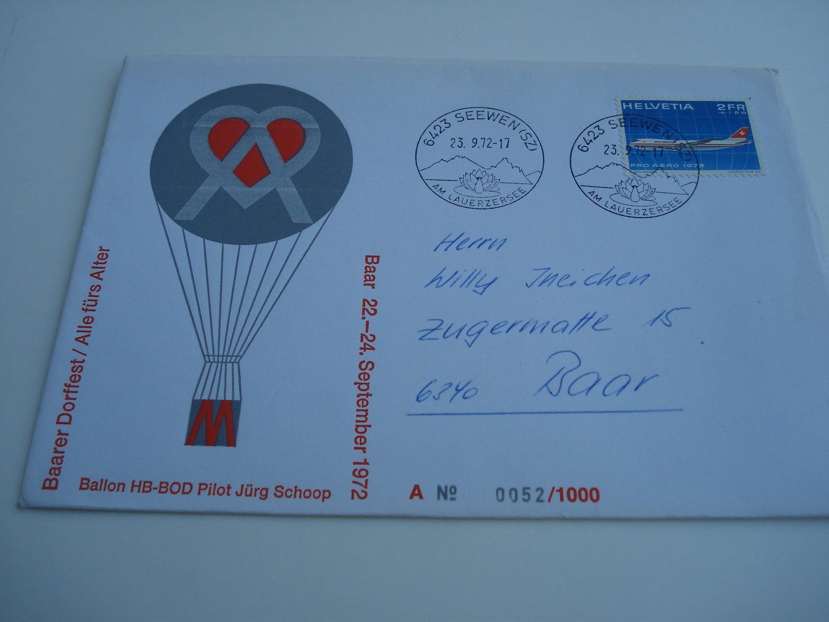 Tutti i francobolli: Ballonpostbrief 1972, Baarer Dorffest – Usato da Niederwil AG venduto da morostahu