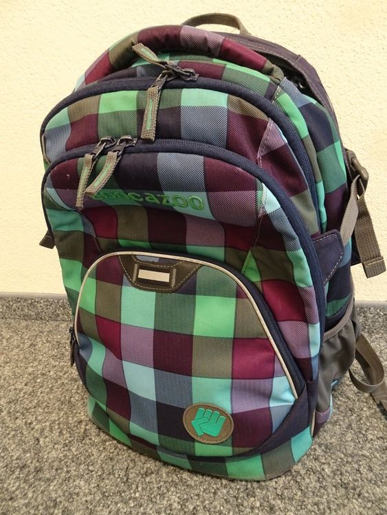 Schulrucksack COOCAZOO grün-bordeaux kariert. Ab 4.Klasse (Gebraucht