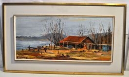 Huile par Roland Colliard 1971 Baraque de pêcheur Cortaillod