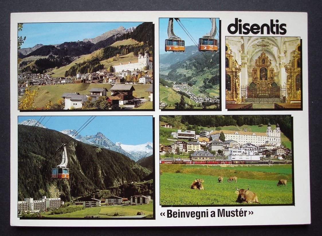 Cartoline postali: DISENTIS Luftseilbahn + Rhätische Bahn – Usato da Jona venduto da philajona