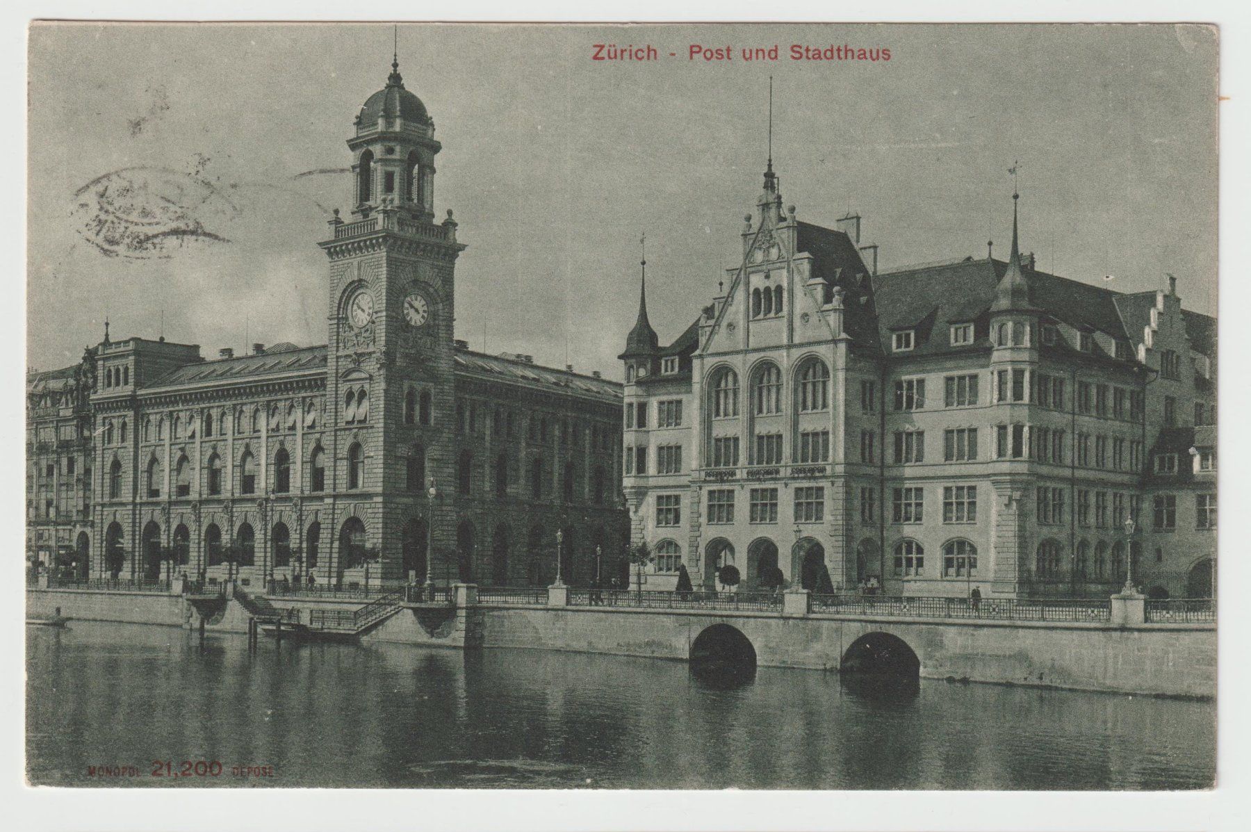 Cartoline postali: Ansichtskarte Zürich Post u. Stadthaus  ***  1913 – Usato da Oensingen venduto da Stro11