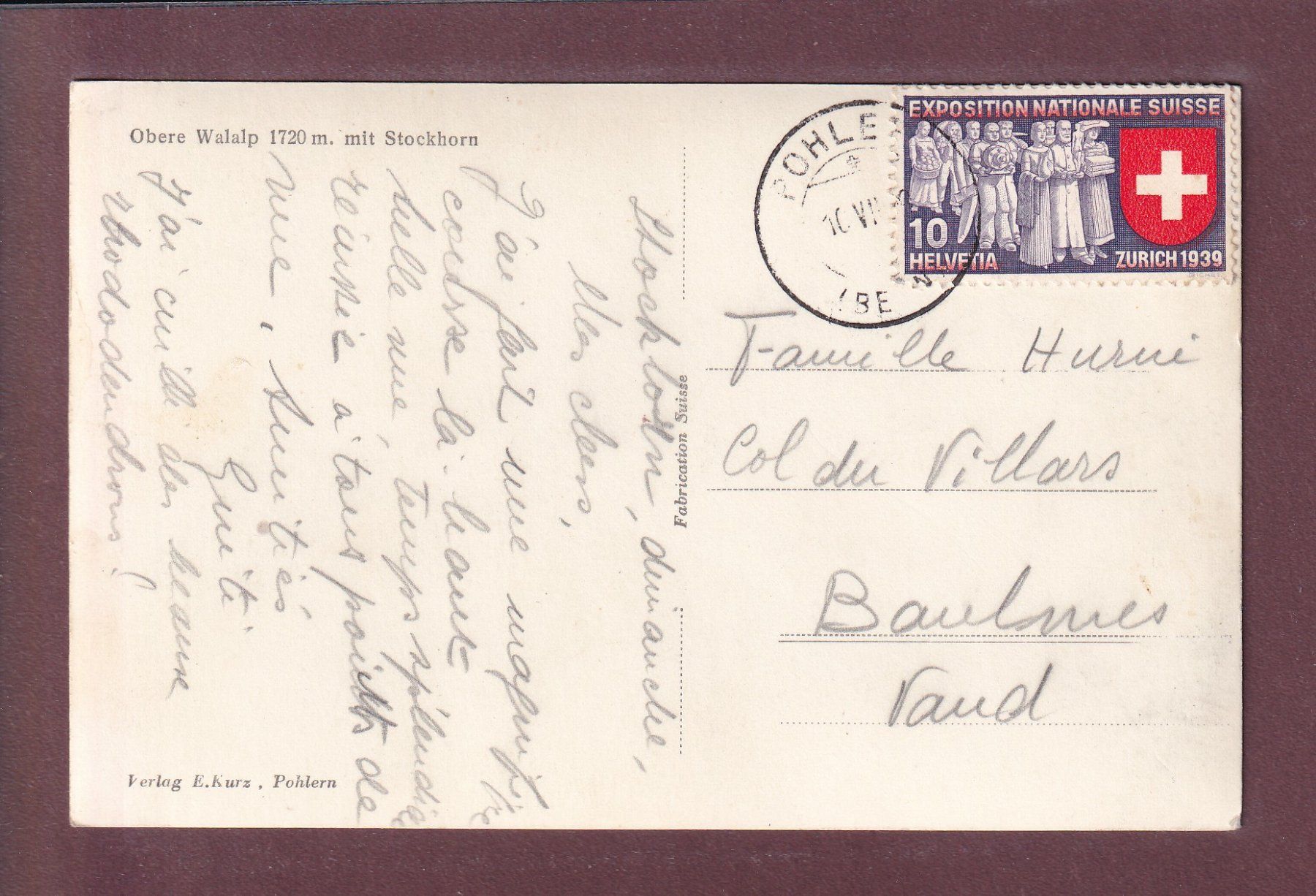 Cartoline postali: OBERE WALALP - Stockhorn - 1939 – Usato da Pully venduto da nicecards 1