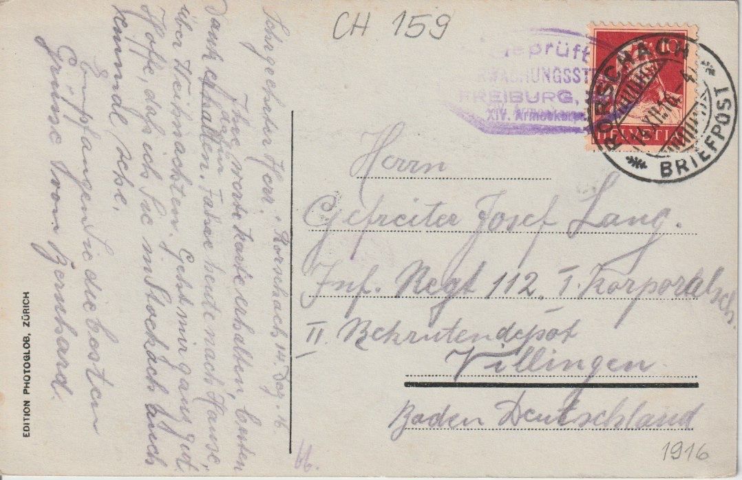 Cartoline postali: CH 159 Rorschach, 1916 – Usato da Freienbach venduto da Bhaltis 1