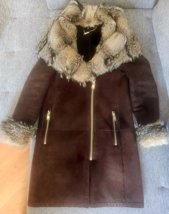 Manteau Femme En Peau De Mouton Avec Col En Renard Arctique - Marque Aprel - Taille M - Marron - Occasion