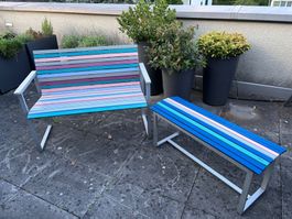 Gartenbank und Hocker gestreift guter Zustand