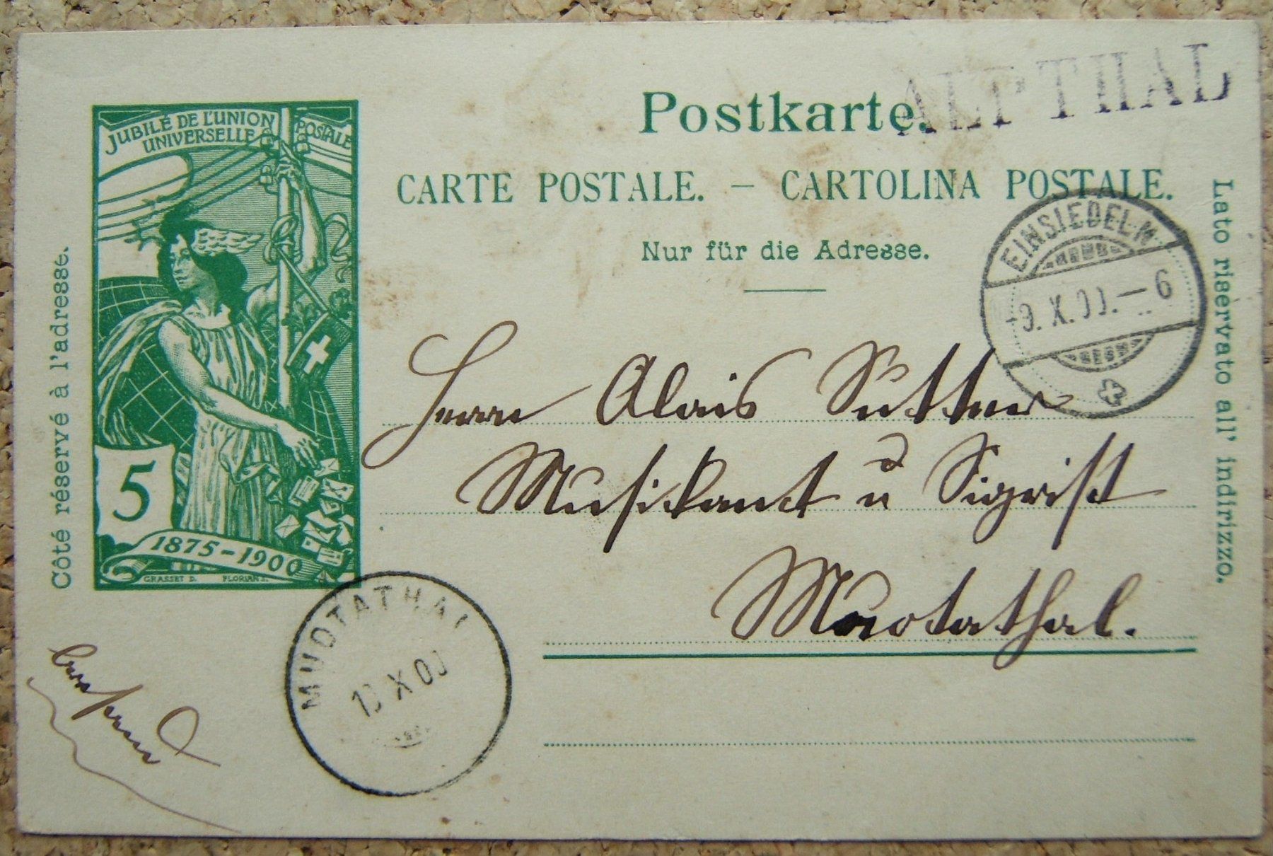 Tutti i francobolli: UPU PK MIT STABSTEMPEL "ALPTHAL" 1900 – Usato da Brunnen venduto da Nonne04