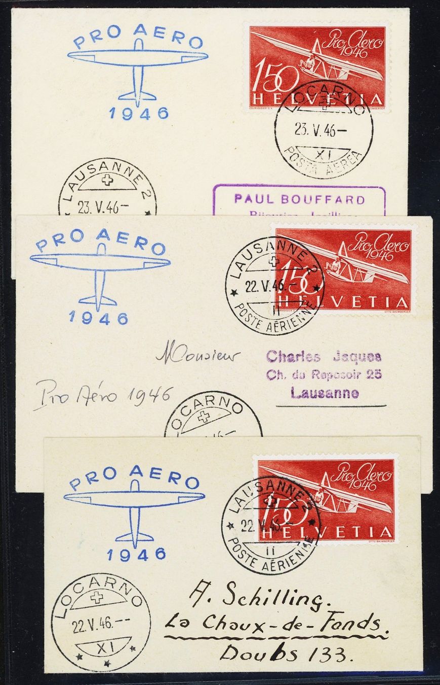 Tutti i francobolli: Flugpost Pro Aero 1946, Set von 3 Minibriefchen – Usato da Basel venduto da Strubelibs