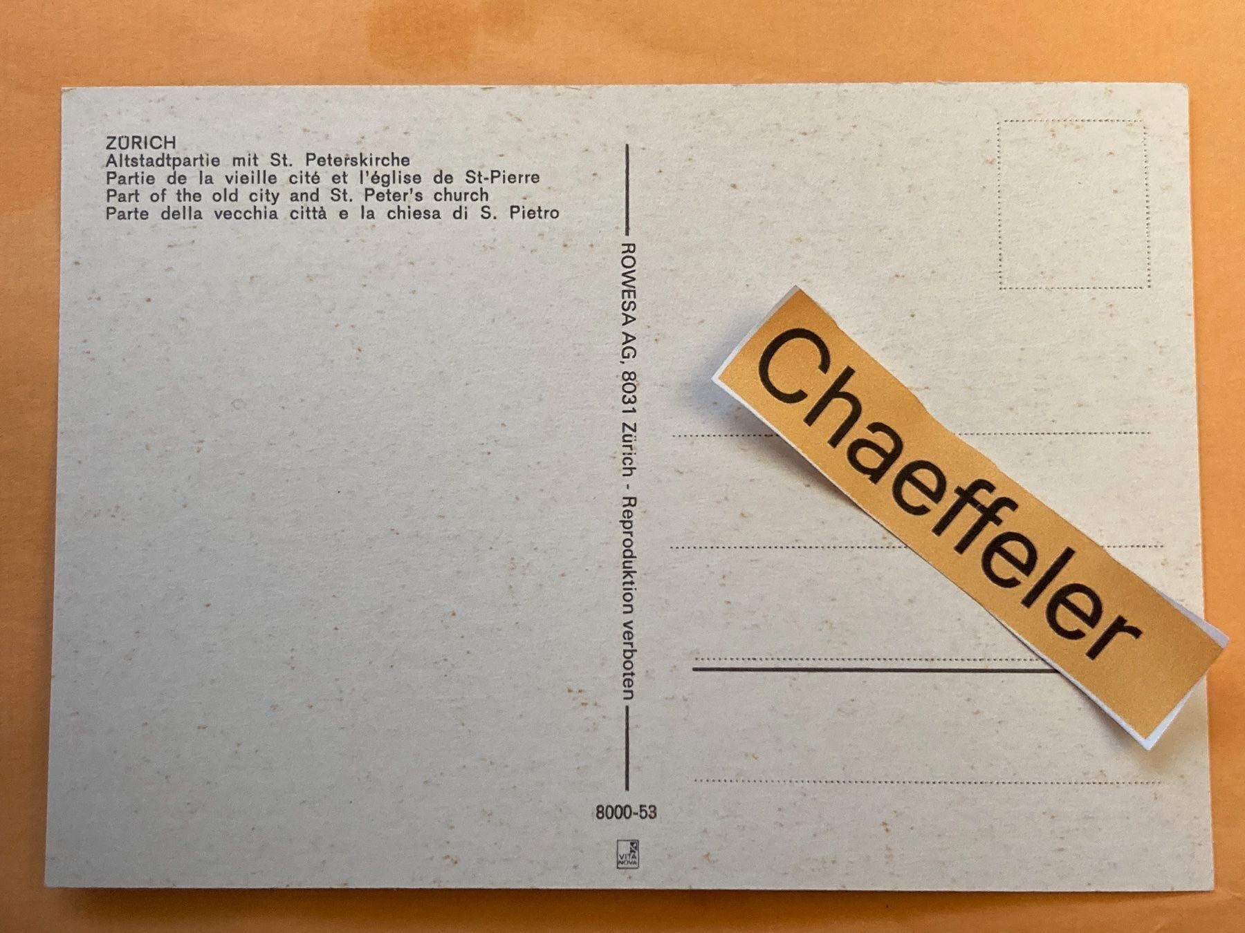 Cartoline postali: Zürich. Altstadtpartie mit St. Peter- – Usato da Zürich venduto da Chaeffeler 1
