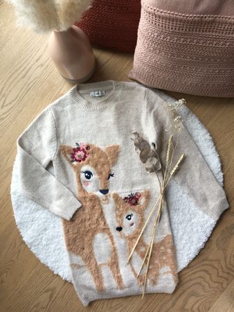 Mädchen Longpulli Reh Motiv beige Gr. 134 NEU mit Etikett 
