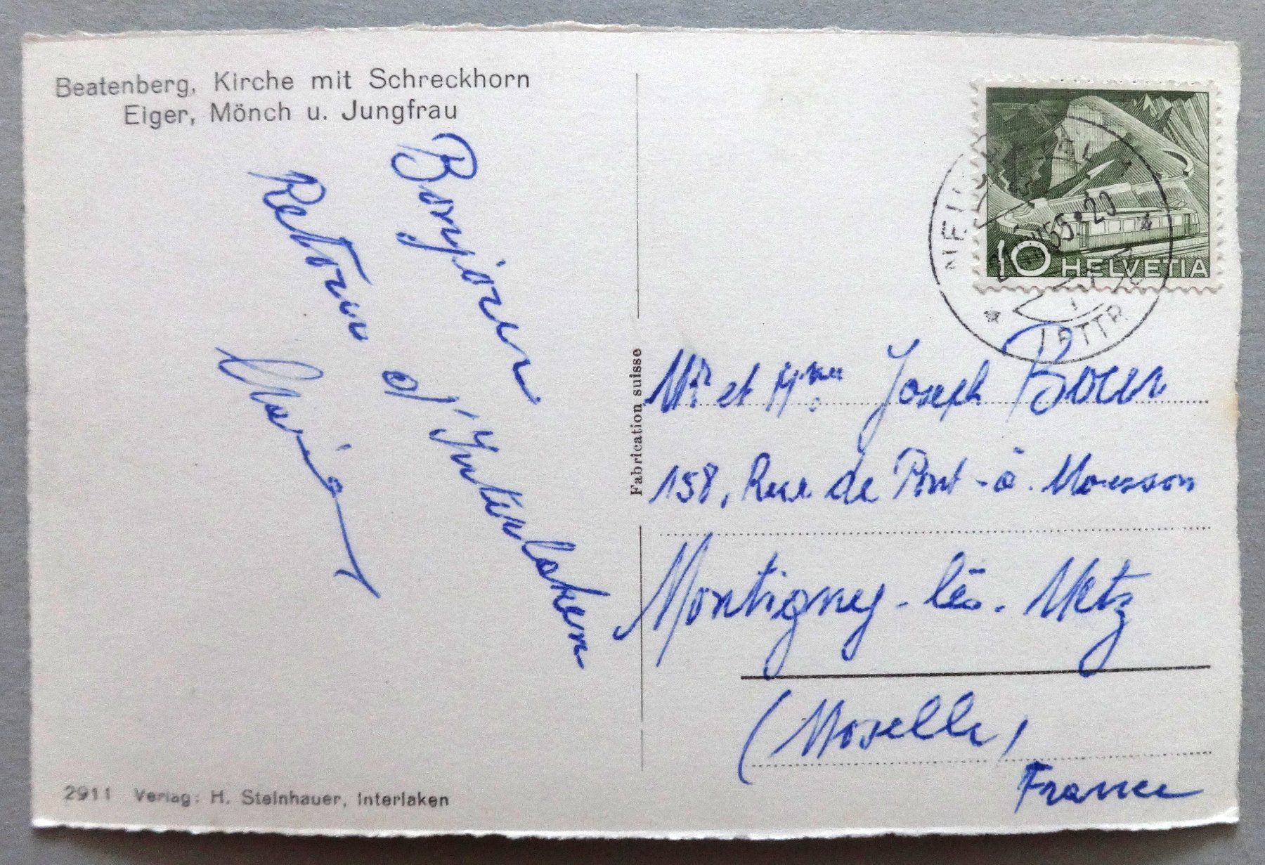Cartoline postali: Beatenberg, Kirche mit Schreckhorn – Usato da Fétigny venduto da Billy2miny 1