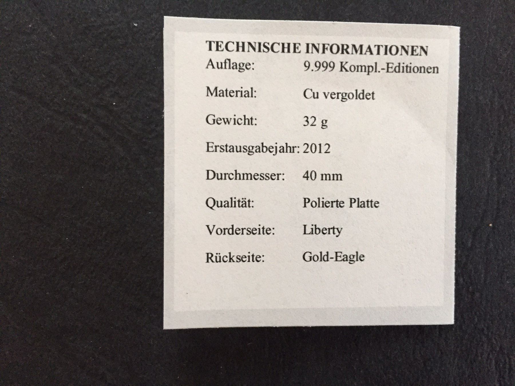 Tutti le monete: Replik Gold Eagle von 1933 – Nuovo e nell'imballaggio originale da Einsiedeln venduto da Fundgrube59 2