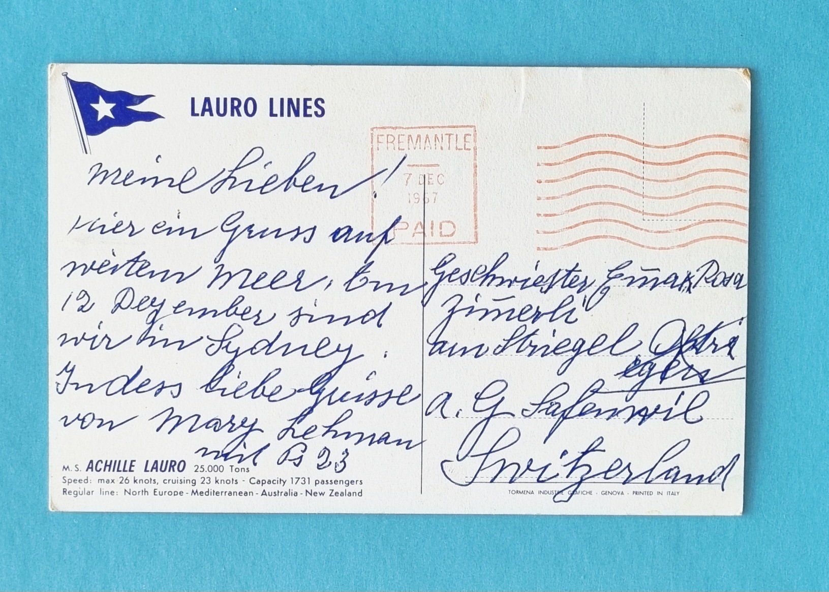Cartoline postali: Lauro Lines - Passagierschiff - 1967 – Usato da Rothrist venduto da RROENK 1