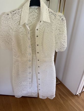 Sandro Paris white lace mini dress with button front