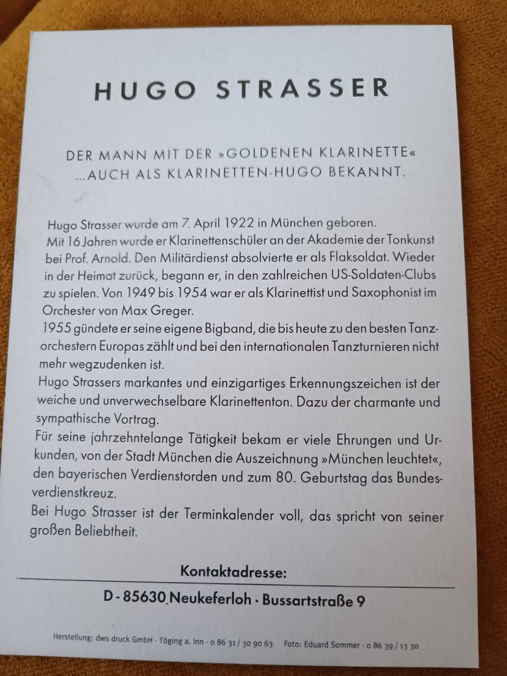Autografi: Hugo Strasser - handsigniert - †2016 – Usato da Menziken venduto da Artographs 1
