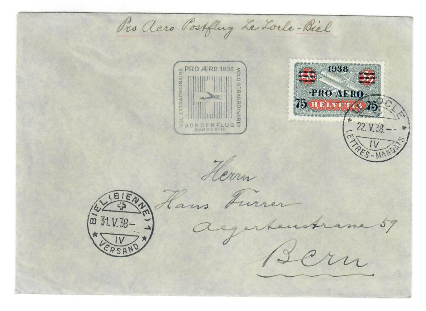 Tutti i francobolli: 1938 Flugpostbrief Le Locle - Bienne 1 – Usato da Utzigen venduto da a8b9c0