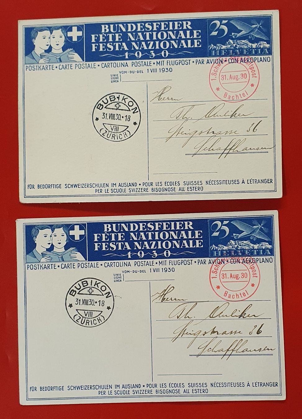 Tutti i francobolli: 2 Bundesfeierkarten 1930 - 1.Segelflugpost Bachtel – Usato da Kreuzlingen venduto da Rschweiz1