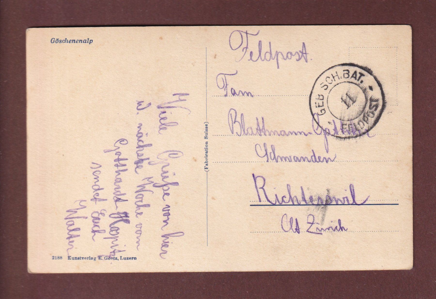 Cartoline postali: GÖSCHENERALP - Feldpost – Usato da Pully venduto da nicecards-shop 1