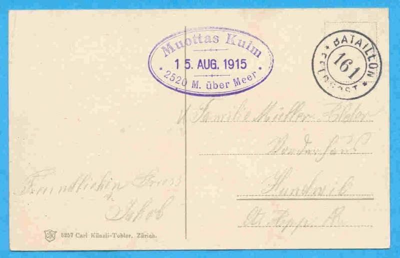 Ansichtskarten: Muottas Kulm 1915 - gestempelt Feldpost Bataillon 161 – Gebraucht aus Opfikon von Prophila 1
