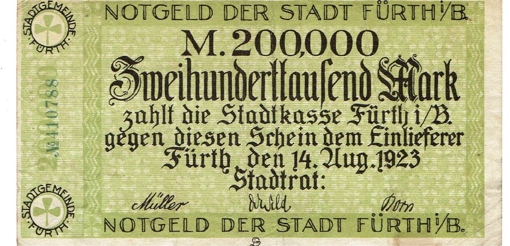 Banconote: Fürth 200000 Mark 14.08.1923 SS+-SS++ – Usato da Steffisburg venduto da ber_8htf