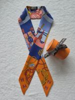 Hermès Seiden Twilly – Orange Blau, Neuwertig mit Box 