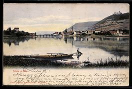 AK Stein a. Rh., Ortsansicht mit Rhein, Brücke und Booten
