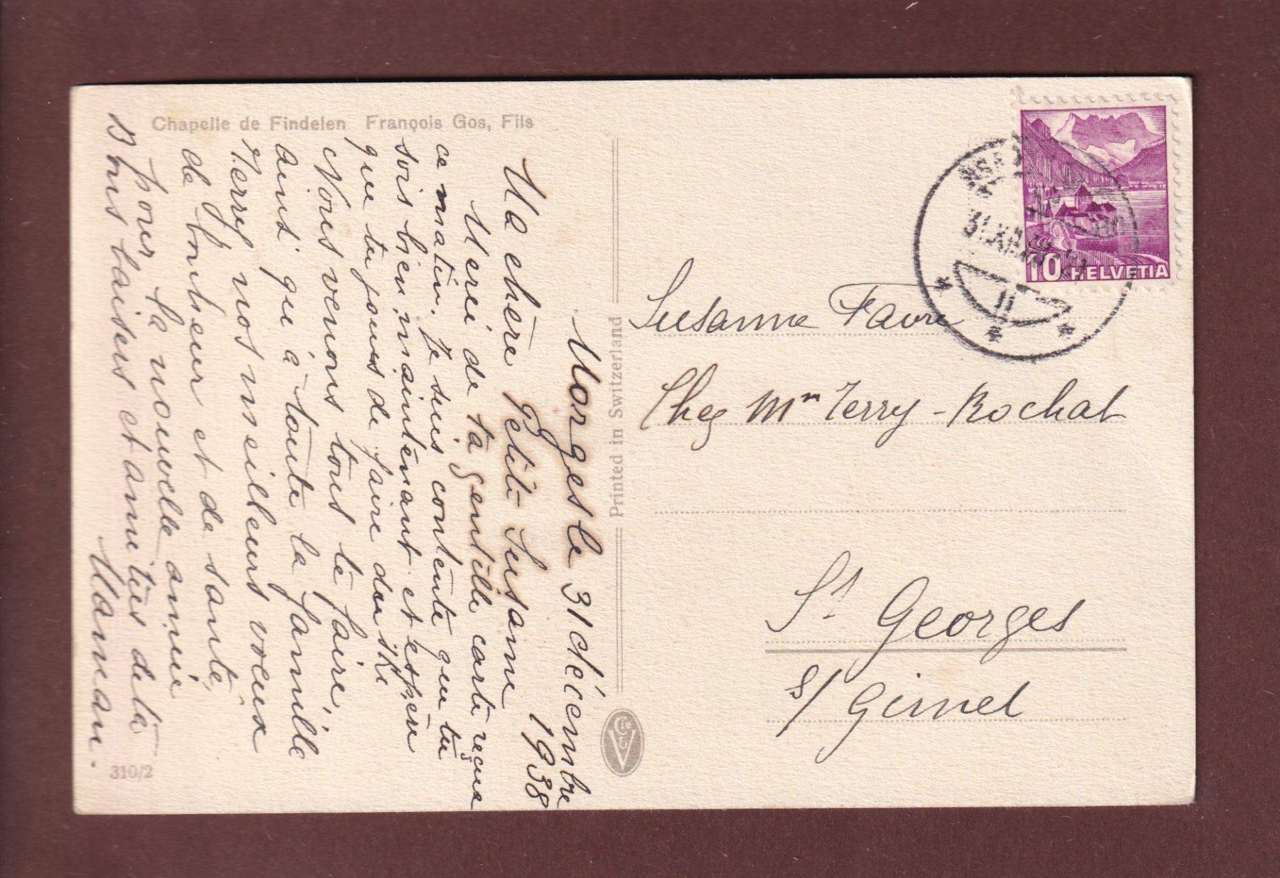 Cartoline postali: Chapelle de FINDELEN - 1938 – Usato da Pully venduto da nicecards 1