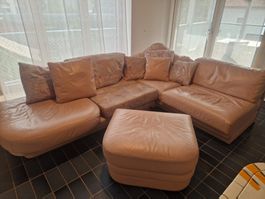 Ecksofa Leder mit Leder-/Stoffkissen beige-rosa