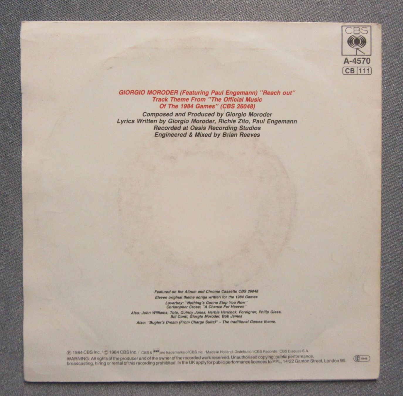 Dischi in vinile: Single Giorgio Moroder (Featuring Paul Engemann) - Reach Out – Usato da Auenstein venduto da Padabimbim 1